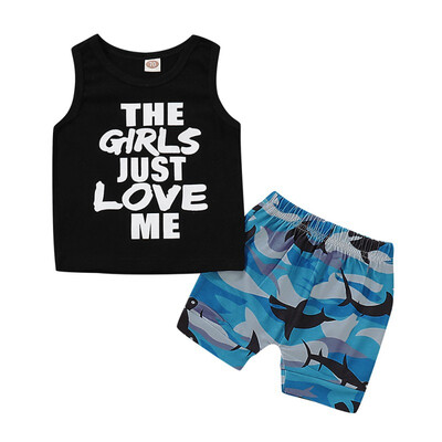 

Summer Baby Boys Sleeveless Animal Letter Print Tops Blouse VestShorts Children Casual Outfits Sets