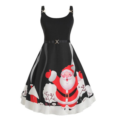 

Tailored Womens Fashion Straps Vintage Santa Claus Snowflake Print Christmas Dress