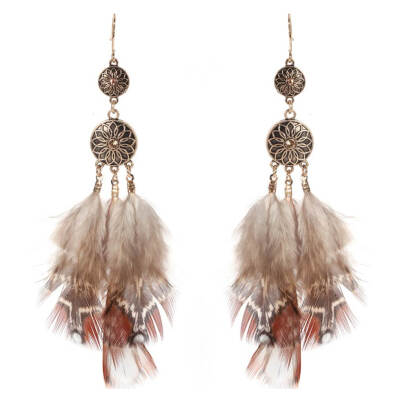 

Feather Vintage Earrings Women Fashion Alloy Decor Long Drop Circle Coffee Eardrop Accesories