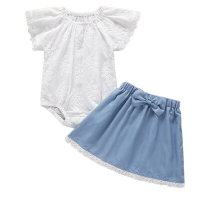 

Baby Girl Casual Flower Skirt Headband Sets Baby Girl Casual Short Sleeve Cotton Lace Floral Romper Top Bow Skirt Outfits Set