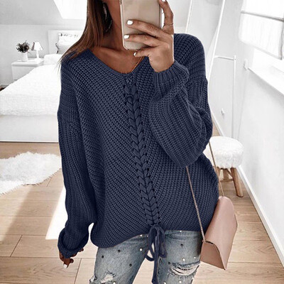 

Women V Neck Long Sleeve Sweater Lace Up Knitted Jumper Plus Size Pullover Tops