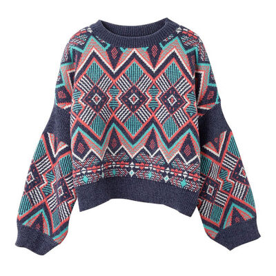 

Women Sweet Knit Totem Diamond Flower Print Sweaters Round Neck Pullover Long Sleeve Casual Loose Tops