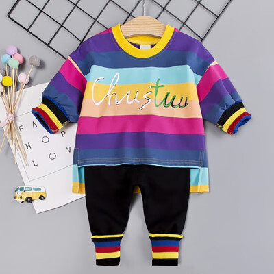 

Autumn Baby Girls Letters Striped Print Long Sleeve T-shirt Blouse Trousers Casual Outfits