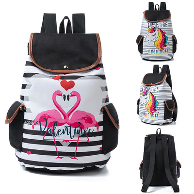 

Women Unicorn Flamingos Print Backpack Flap Drawstring Large Capacity School Travelling Shoulder Bag