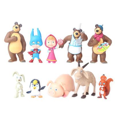 

10PcsSet Masha & The Bear&Friends Rabbit Squirrel Penguin Goat Pig PVC Figures Toys for Kids Gift