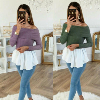 

Sexy Women Off Shoulder Long Sleeve Sweater Jumper Pullover Ruffled Slim Tops UK