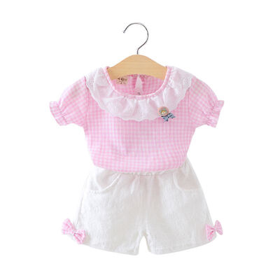 

Baby Kid Girl Clothes Summe Cute Plaid Lace Girl Clothing Set Short Sleeves TopShort Pant 2PCs Kids Clothes Set