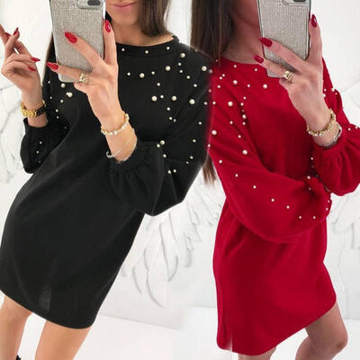 

Women Dress Vintage Mini Winter Long Sleeve Tunic Soild Plus Size Casual Tops