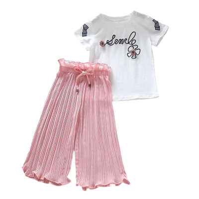 

Summer Baby Girls clothes 2pcs Casual Short Sleeve Letters Floral Print T-shirt TopsLoose Pants Suits Costume Set