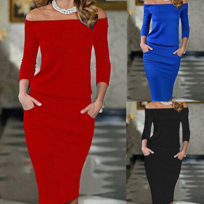 

US Women Off Shoulder Bodycon Long Sleeve Dress Knitted Jumper Party Club Dress