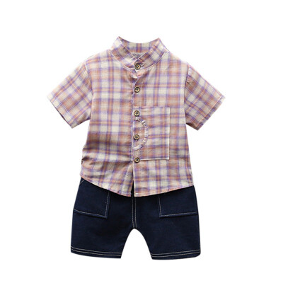 

Summer Baby Boys Short Sleeve Plaid Print Tops Blouse T-shirtShorts Children Casual Outfits Sets