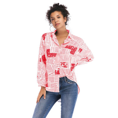 

Women Autumn Shirts Fashion Casual Long Sleeve Shirt Lapel Single-breasted Letter Printed Newspaper Shirt Female Tops