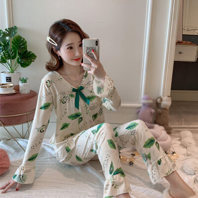 

Autumn Women Pajamas Sets Flower Print Fashion Bow Luxury Female Faux Silk Two Pieces Shirts Pants Nighties Sleepwear