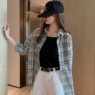 

Loose cotton Checkered plaid College blouses shirt 2019 Cage female long sleeve Casual women Blouse shirt office lady tops