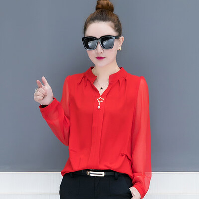 

Elegant Korean version Autumn Long sleeve Small V-neck Chiffon Shirt Fashion New Casual Office Lady Womens Blouse Top F1