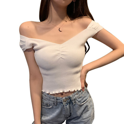 

Solid Color Long Sleeve T Shirt Women Sexy V Neck Crop Top Tees White Black Korean Casual Women T-shirt