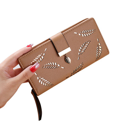

Fashion Women Female Hollow Leaves Pattern Card Holder Zipper Pouch Long Wallet