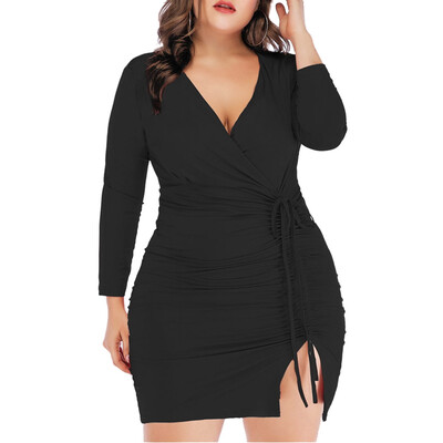 

Cinched Slit Long Sleeve Surplice Plus Size Bodycon Dress