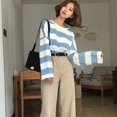 

Spring Women T-Shirt Stripe Printed Loose Base Casual Long Sleeve O-Neck Tees Tops Ladies Girl 3 Colors Tops Tee