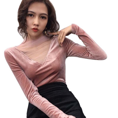 

Women Sexy V Neck T Shirt Mesh Stitching Long Sleeve T-Shirt Korean Style Fashion Solid Top