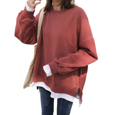 

Women Casual Fake Two-piece Stitching Loose Sweashirt Round Collar Pullover Long Sleeve Solid Color Sweatshirt Tops