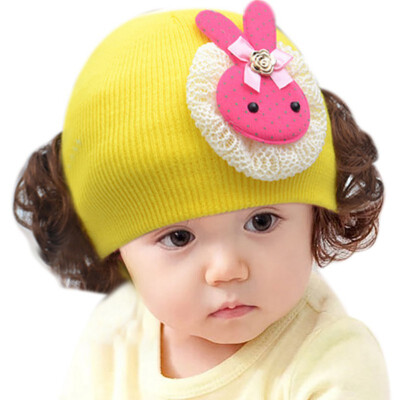 

Newborn Cute Baby Hat Toddler Baby Warm Knit Hat Girls Caps Cartoon Bowknot Cap Girls Fake Hair Wig Hats Kids Headwear