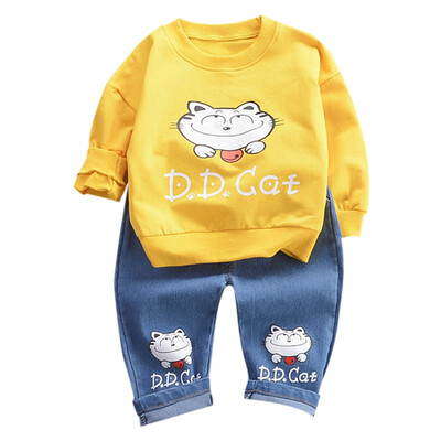 

New Autumn Children Boys Set Baby Clothing Long Sleeve Cartoon Cat Print T-Shirt TopsDenim Pants Trouser Clothes Set 6-48M