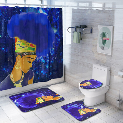 

〖Follure〗African Explosion Head Woman Waterproof Shower Curtain Bathroom Mat Four-piece