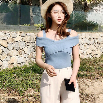 

Women Sexy Solid V Neck Sling Knitting T Shirt Cross Wrap Design Top Female Off Shoulder Slim T Shirt Women Tops