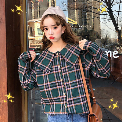 

Autumn Korean Styke Plaid Shirts Women Chic Loose Preppy Long Sleeve Kawaii Blouses Elegant Tops