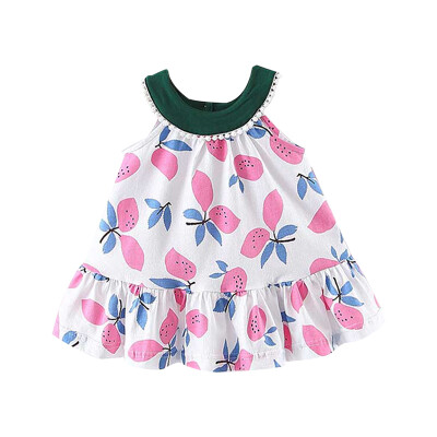 

New Summer Girls Fruit Print Princess Cute Casua Doll Collarl Sleeveless Round Collar Sweet Dress For 12-24 Months