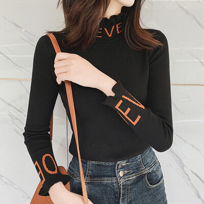 

New Women sweater wooden ear letter stitching half-high collar wild long-sleeved sweater autumn winter slim basic tops