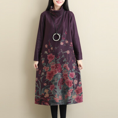 

Tailored Womens Long Sleeve Cotton And Linen Loose Long Dress Flower Print Dress