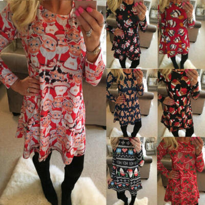 

Womens Christmas Dress Ladies Mini Santa Snowman Long Sleeves Xmas Swing Dresses
