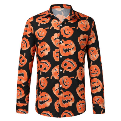 

Tailored Halloween Novelty Men Pumpkin Print Long Sleeve Turn-down Collar Shirts Tops