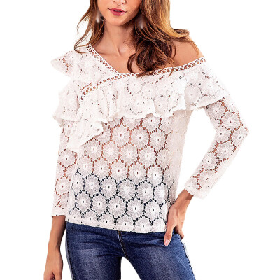 

Fashion Womens Fashion Casual All-match Ruffle Lace Hollow Out Sexy Long Sleeves Off-shoulder Top Blouse