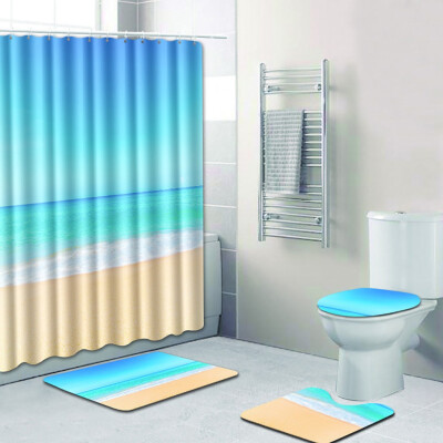 

Gobestart 4PCS Sea Style Non Slip Toilet Polyester Cover Mat Set Bathroom Shower Curtain