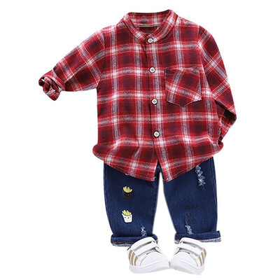 

Autumn Set Children Boys Casual Long Sleeve Plaid Print Shirt TopsCartoon Denim Pants Trouser Set