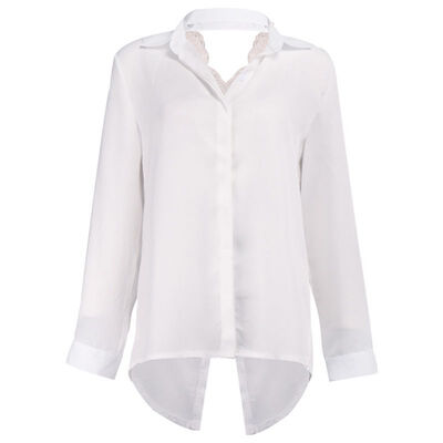 

Backless Lace Shirt Patchwork White Black Blosue Womens Tops Blouses Lapel Collar Long Sleeve Chiffon Blouse