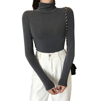 

Women T-shirt Wild Solid Color Turtleneck Pullovers Long Sleeve Slim Fashion T-Shirt Casual Female Streetwear