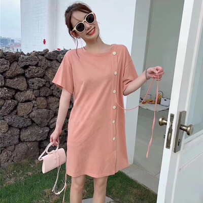 

Womens Dresses Solid Color Wild Round Collar Sexy Temperament Strap Waist Slim Shirts Short Sleeve Button Casual Dress