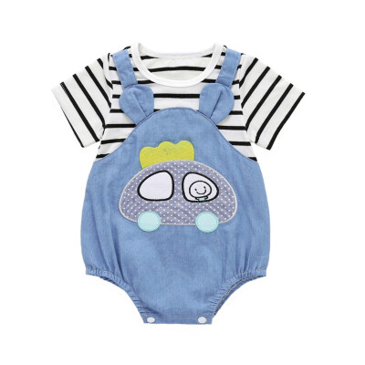 

baby clothing 100 cotton unisex rompers baby boy girls short sleeve cartoon stripe car denim summer cartoon toddler clothes