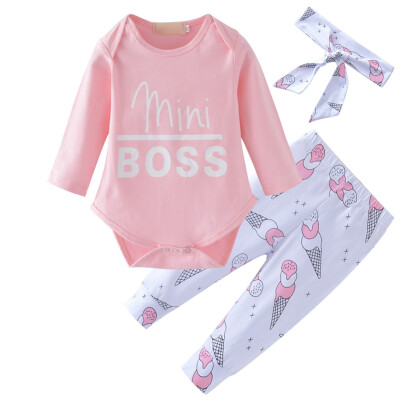 

Spring Autumn Baby Girl Clothes Casual Letter Printing Fashion Newborn Clothes 3Pcs BodysuitTrousersHeadband Kids Outfit Set