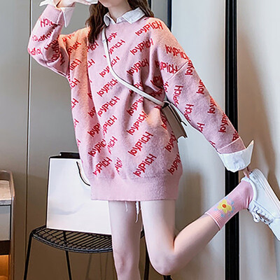 

Autumn Winter Korean Loose Women Sweaters Letters Print Ladies Kawaii Thick Long Sleeve Pullover Knitted Oversize Jumpers