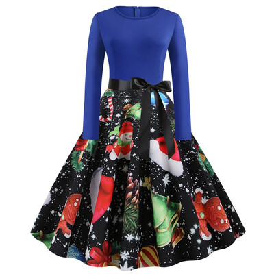 

Tailored Womens Vintage Christmas Printed Dress Ladies Long Sleeves Dress Xmas Dress
