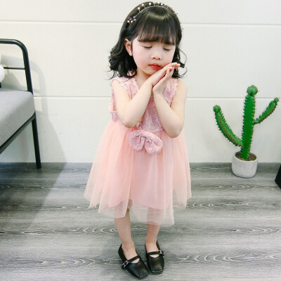 

Children Baby Girls Dress Summer Stitching Lace Mesh Bow Princess Cute Sweet Sleeveless Dress 1-5Y Lovely Toddler Girl Clothes