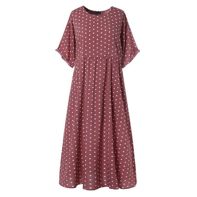 

New Women Fashion Casual Wave Point Printed Maxi Dress Short Sleeve Round Neck Plus Size Long Loose Dress