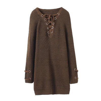 

Autumn V-neck Lace Up Women Sweater Long Sleeve Loose Oversized Pockets Pullover Jumper Women Casual Knitted Pull Femme Tops