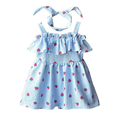 

Summer Casual Baby Girls Off-shoulder Strawberry Striped Sleeveless Dress Headband Set Kids Toddler Sling Sundress