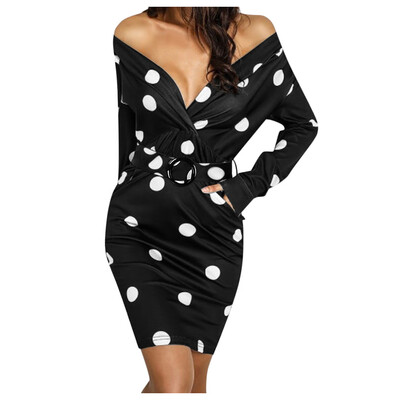 

Tailored Womens Long Sleeve V-Neck Polka Dot Print Waist Dress